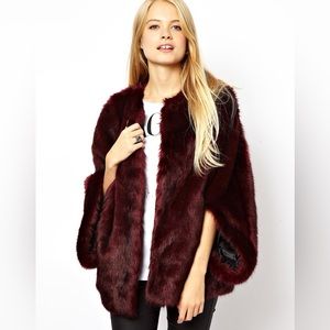 ASOS Faux Fur Burgundy Batwing Coat Size 8